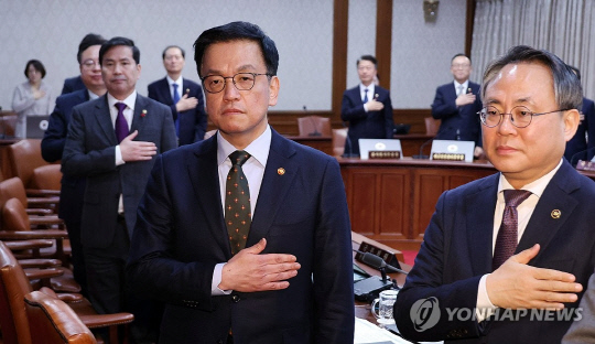 최상목 대통령 권한대행 부총리 겸 기획재정부 장관이 21일 정부서울청사에서 열린 국무회의에서 국기에 경례하고 있다. [연합뉴스]